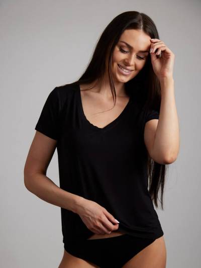 Bambus t-shirt med V-hals til damer, sort