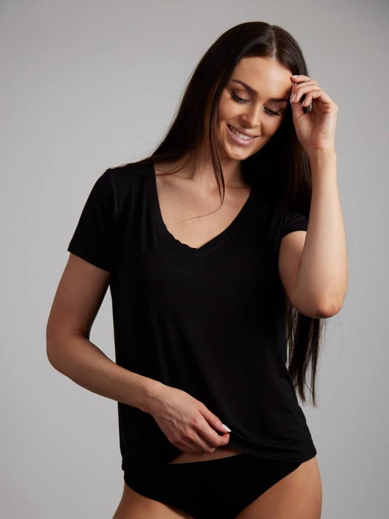 Bambus t-shirt med V-hals til damer, sort