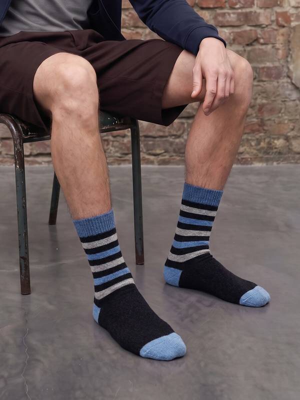 Uldsokker med cashmere - Brune med blå striber str. 40-45